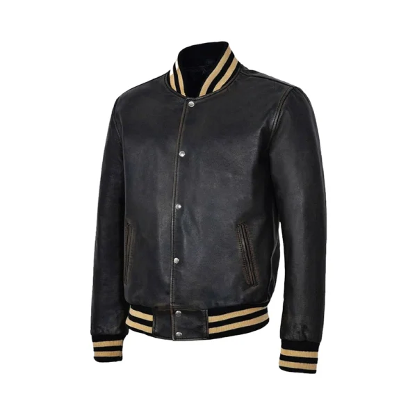 Men's Distressed Varsity Leather Jacket - Image 2